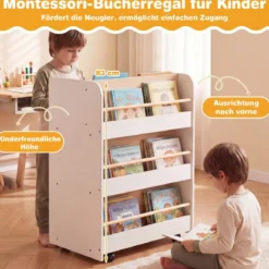 3-stöckiges Kinderbücherregal mit Rollen doppelseitige Buchanzeige & Aufbewahrungswagen Weiß