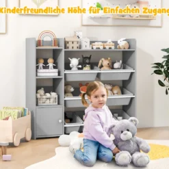 4-stöckiges Kinderregal mit 8 Aufbewahrungsboxen & 2 Offenen Regalen Spielzeugregal Grau