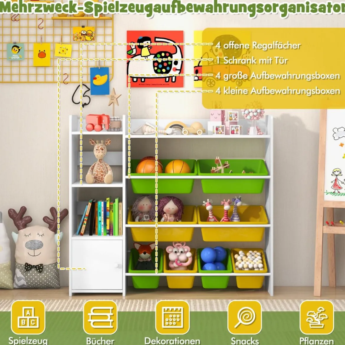 4-stöckiges Kinderregal mit 8 Aufbewahrungsboxen & 2 Offenen Regalen Spielzeugregal