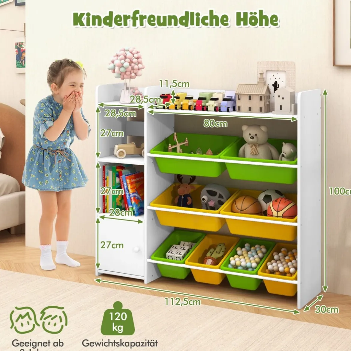 4-stöckiges Kinderregal mit 8 Aufbewahrungsboxen & 2 Offenen Regalen Spielzeugregal