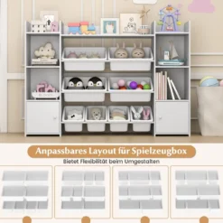 4-stöckiges Kinderregal mit 8 Boxen & 2 Schänken & Regalen Holz Spielzeugschrank Weiß