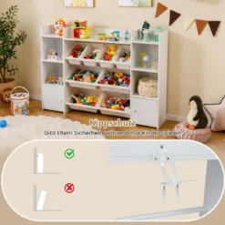 4-stöckiges Kinderregal mit 8 Boxen & 2 Schänken & Regalen Holz Spielzeugschrank Weiß