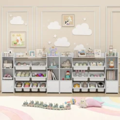 4-stöckiges Kinderregal mit 8 Boxen & 2 Schänken & Regalen Holz Spielzeugschrank Weiß