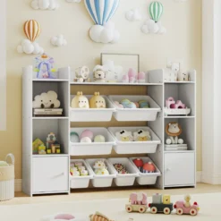 4-stöckiges Kinderregal mit 8 Boxen & 2 Schänken & Regalen Holz Spielzeugschrank Weiß