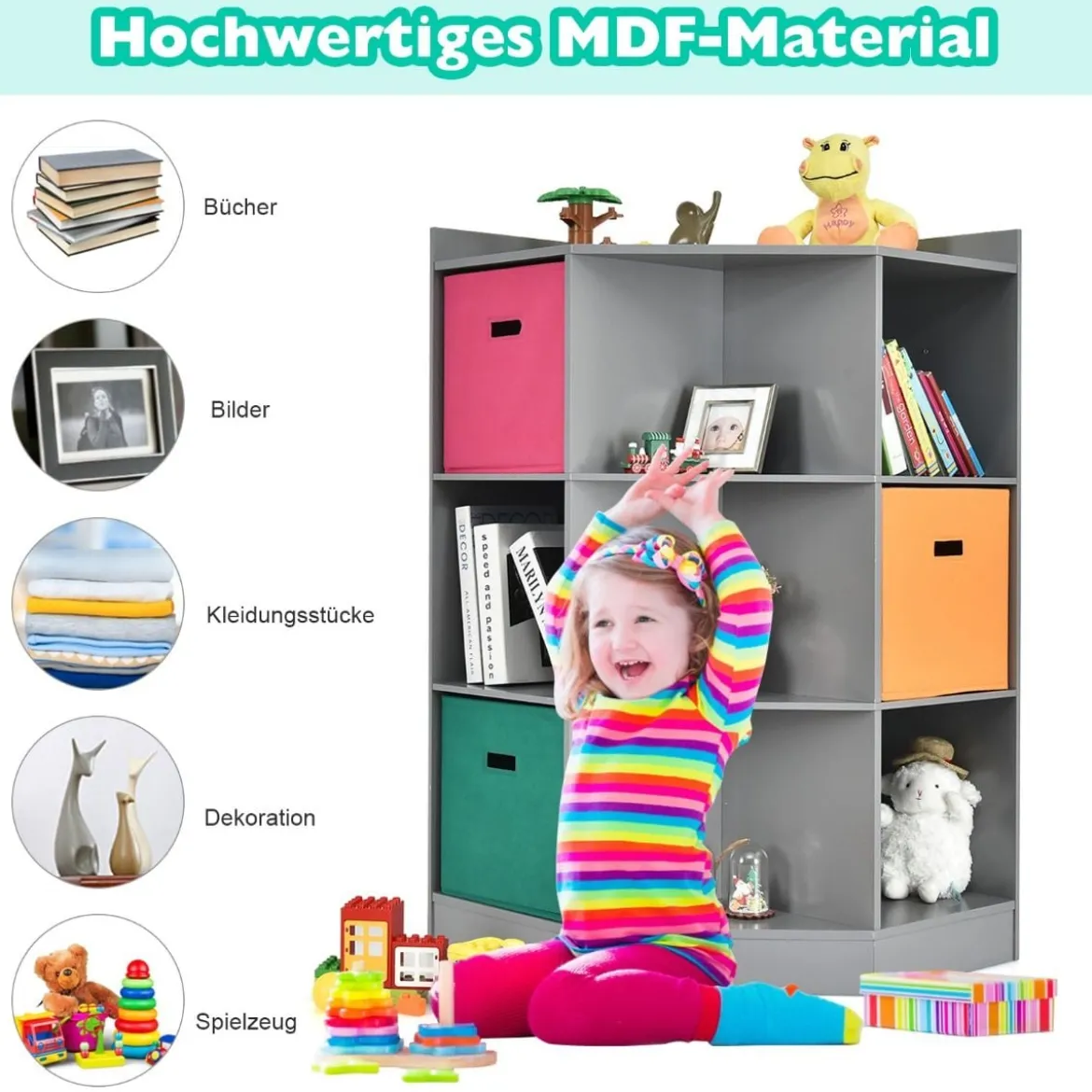 3-Stöckiges Kinderregal mit 6 Offenen Regalen & 3 Farbigen Körben 81 x 61 x 94 cm Grau