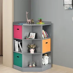 3-Stöckiges Kinderregal mit 6 Offenen Regalen & 3 Farbigen Körben 81 x 61 x 94 cm Grau