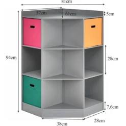 3-Stöckiges Kinderregal mit 6 Offenen Regalen & 3 Farbigen Körben 81 x 61 x 94 cm Grau