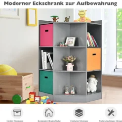 3-Stöckiges Kinderregal mit 6 Offenen Regalen & 3 Farbigen Körben 81 x 61 x 94 cm Grau