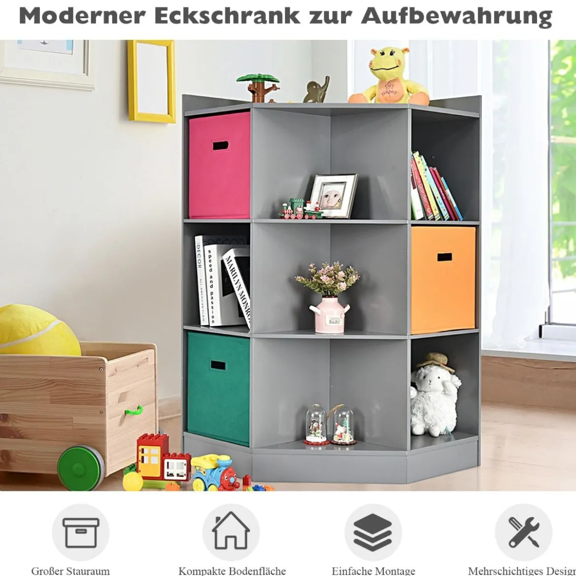 3-Stöckiges Kinderregal mit 6 Offenen Regalen & 3 Farbigen Körben 81 x 61 x 94 cm Grau