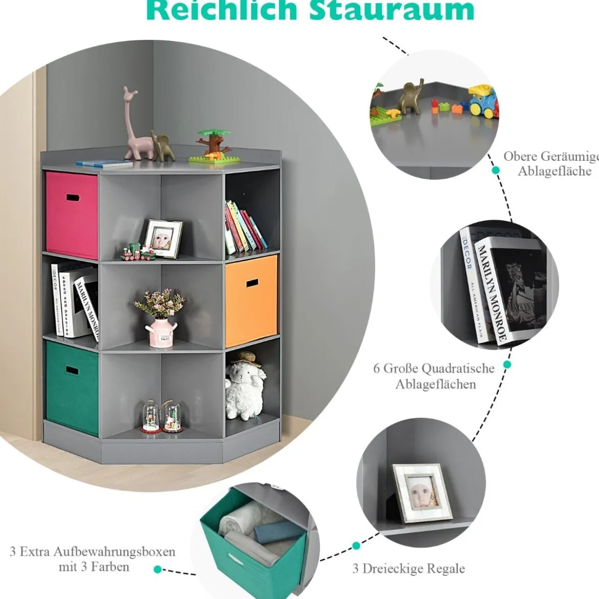 3-Stöckiges Kinderregal mit 6 Offenen Regalen & 3 Farbigen Körben 81 x 61 x 94 cm Grau