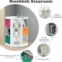 3-Stöckiges Kinderregal mit 6 Offenen Regalen & 3 Farbigen Körben 81 x 61 x 94 cm Weiß