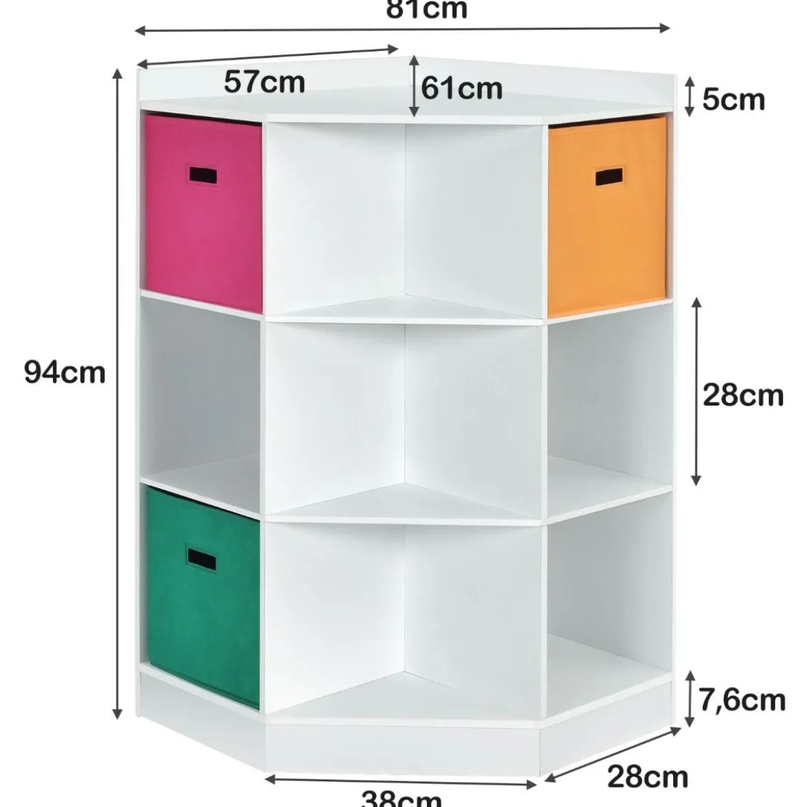 3-Stöckiges Kinderregal mit 6 Offenen Regalen & 3 Farbigen Körben 81 x 61 x 94 cm Weiß