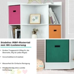 3-Stöckiges Kinderregal mit 6 Offenen Regalen & 3 Farbigen Körben 81 x 61 x 94 cm Weiß