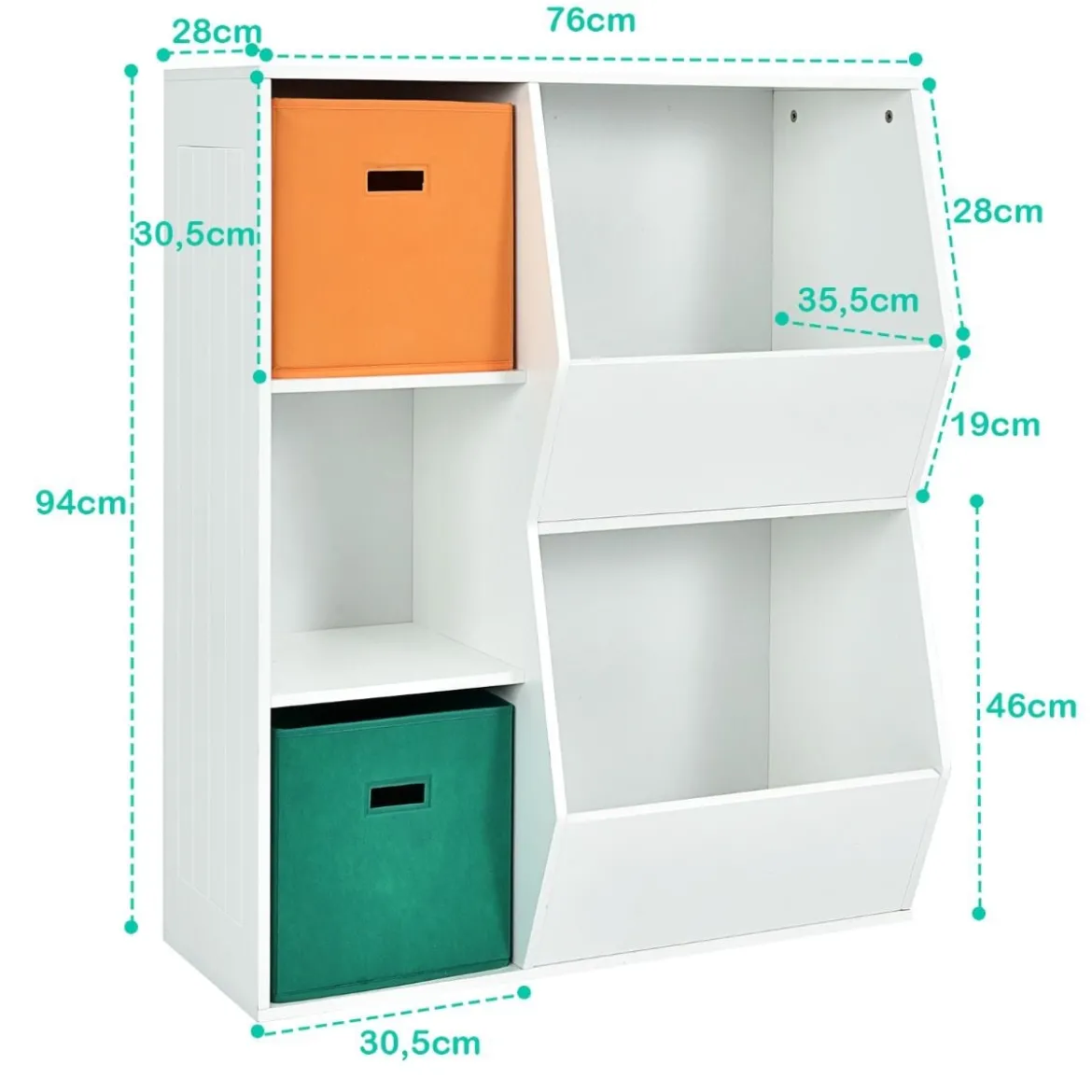 3-stöckiges Kinderregal mit 2 Zusätzlichen Körben Modernes Eckregal 76 x 28 x 94 cm Weiß