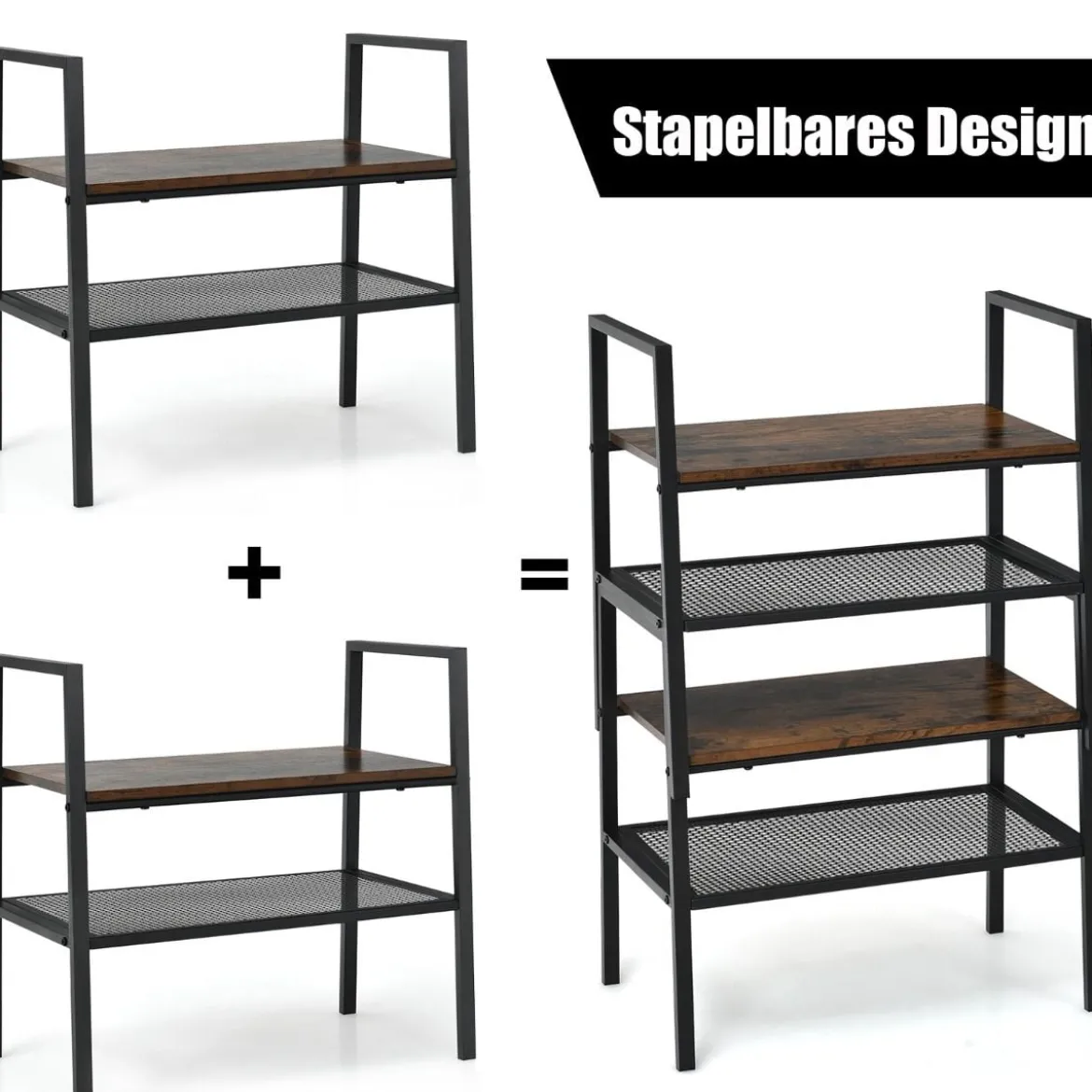2-Stöckiges Lagerregal Gitterregal aus Holz & Metall Kompaktes Lagerregal Braun und Schwarz