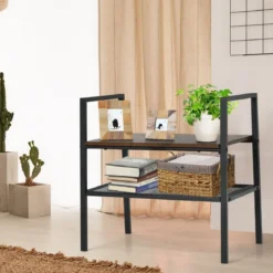 2-Stöckiges Lagerregal Gitterregal aus Holz & Metall Kompaktes Lagerregal Braun und Schwarz