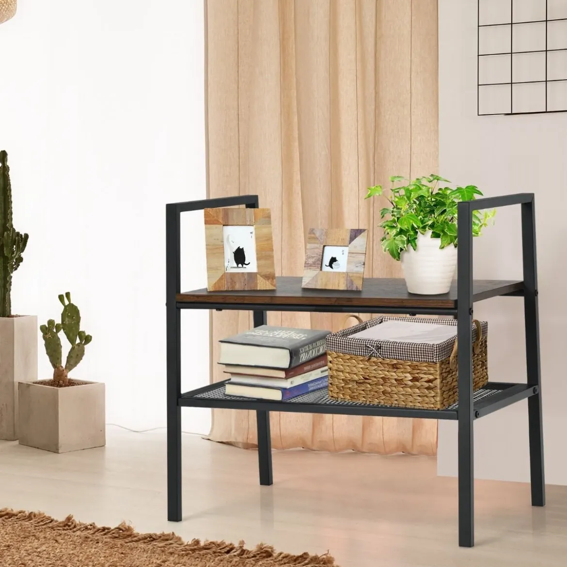 2-Stöckiges Lagerregal Gitterregal aus Holz & Metall Kompaktes Lagerregal Braun und Schwarz