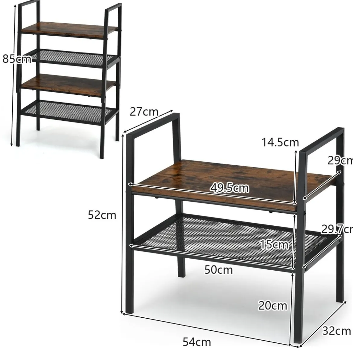2-Stöckiges Lagerregal Gitterregal aus Holz & Metall Kompaktes Lagerregal Braun und Schwarz
