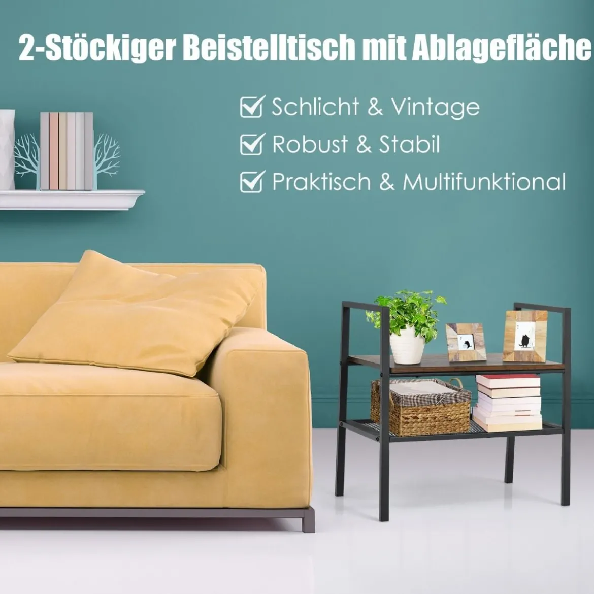 2-Stöckiges Lagerregal Gitterregal aus Holz & Metall Kompaktes Lagerregal Braun und Schwarz