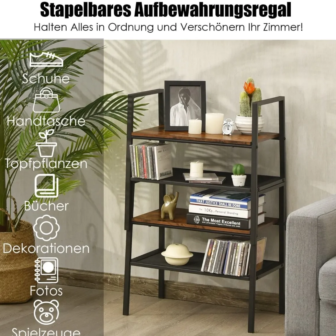 2-Stöckiges Lagerregal Gitterregal aus Holz & Metall Kompaktes Lagerregal Braun und Schwarz