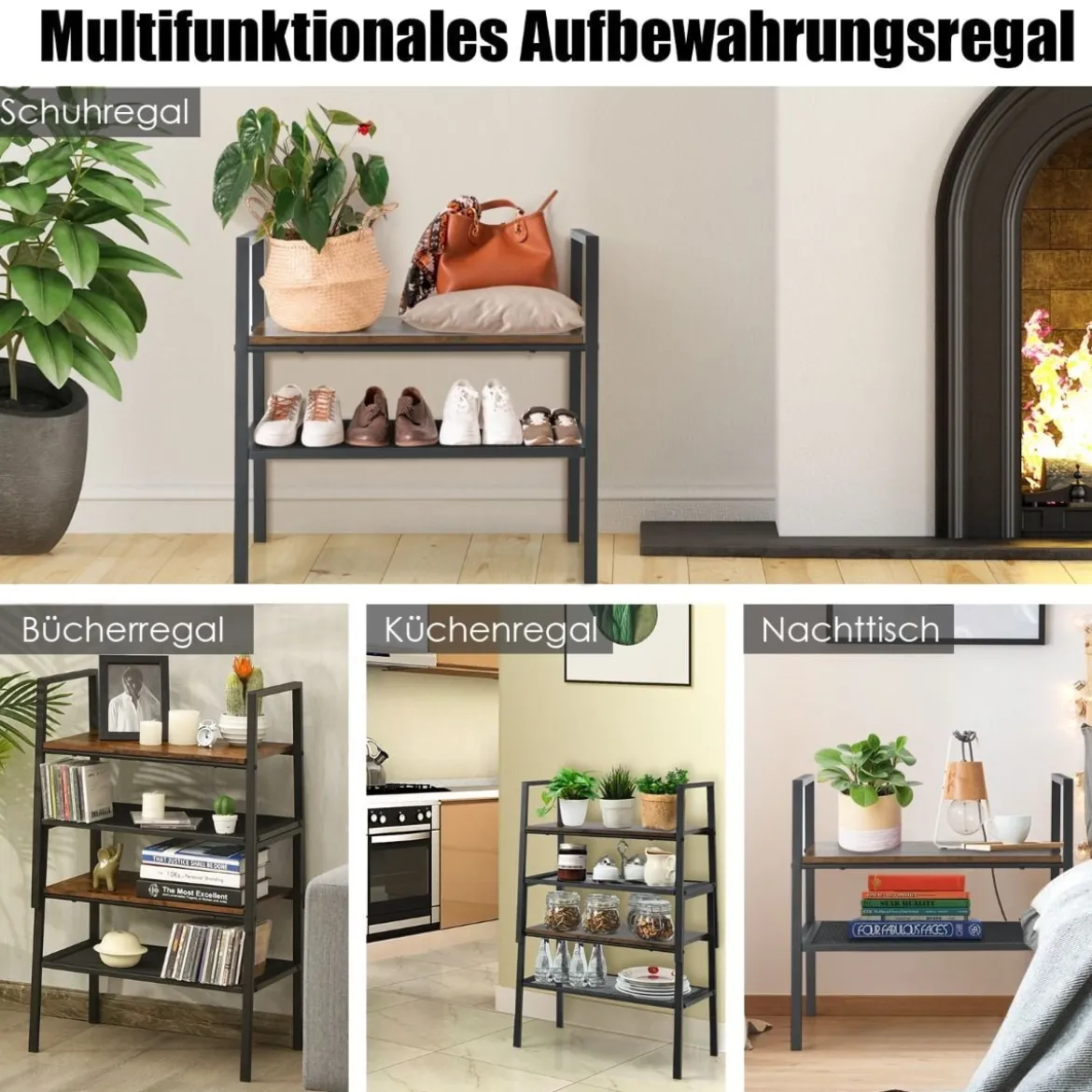 2-Stöckiges Lagerregal Gitterregal aus Holz & Metall Kompaktes Lagerregal Braun und Schwarz