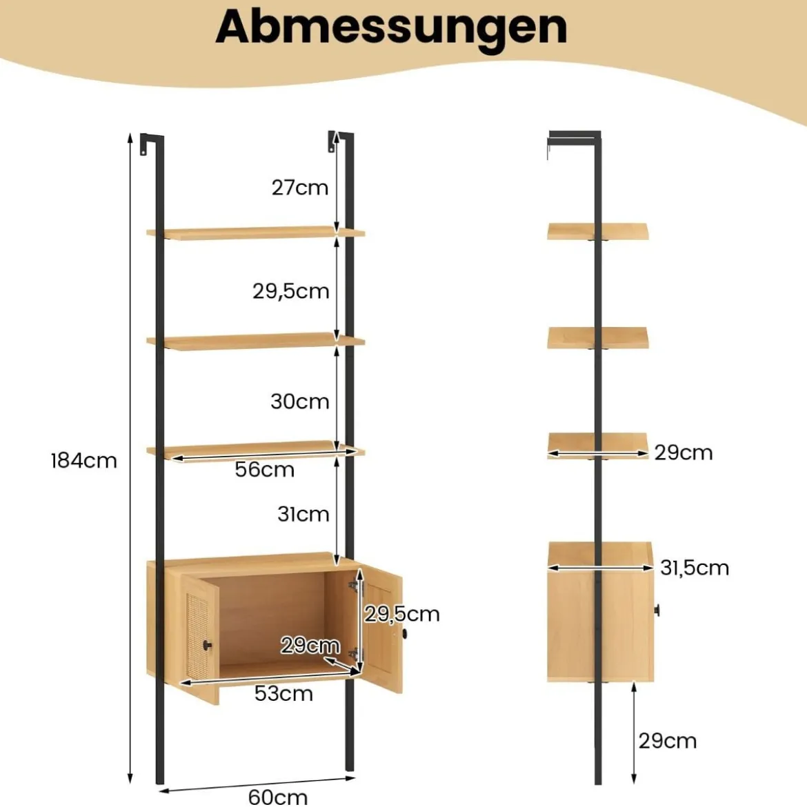 5-stöckiges Leiterregal Bücherregal Wandregal mit Schrank Kippschutz-Kits und Metallrahmen 60 x 31 x 184 cm Natur