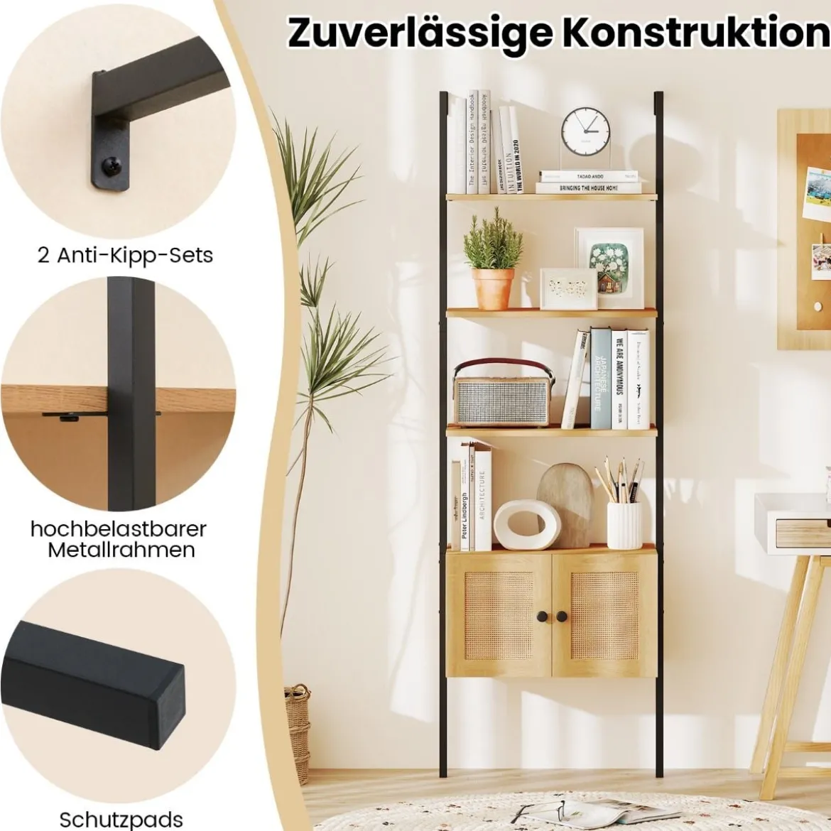 5-stöckiges Leiterregal Bücherregal Wandregal mit Schrank Kippschutz-Kits und Metallrahmen 60 x 31 x 184 cm Natur