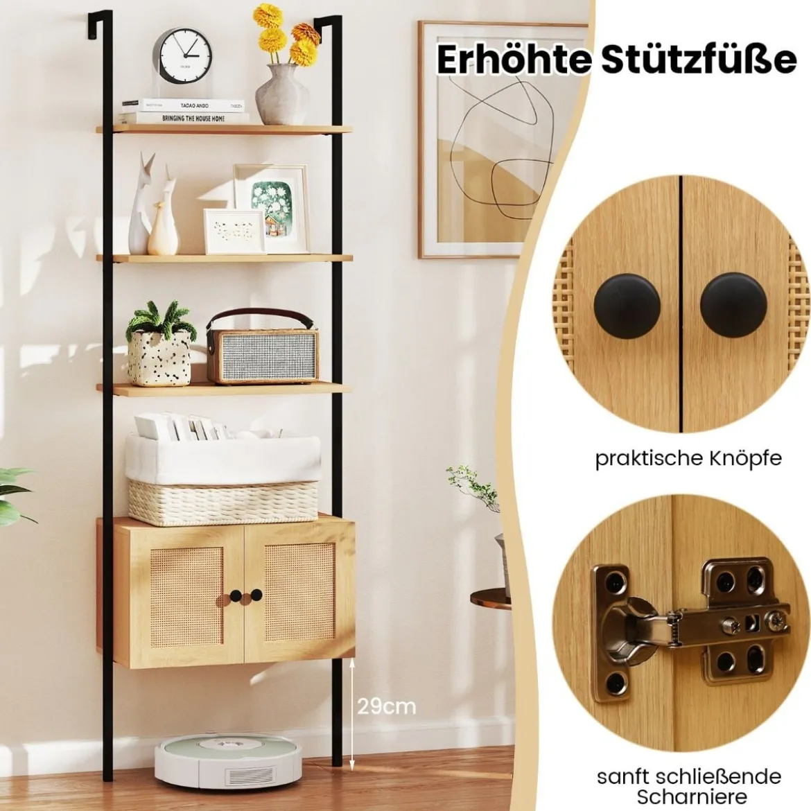 5-stöckiges Leiterregal Bücherregal Wandregal mit Schrank Kippschutz-Kits und Metallrahmen 60 x 31 x 184 cm Natur