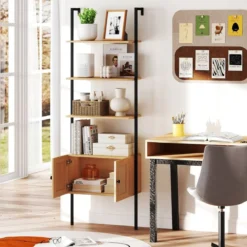5-stöckiges Leiterregal Bücherregal Wandregal mit Schrank Kippschutz-Kits und Metallrahmen 60 x 31 x 184 cm Natur