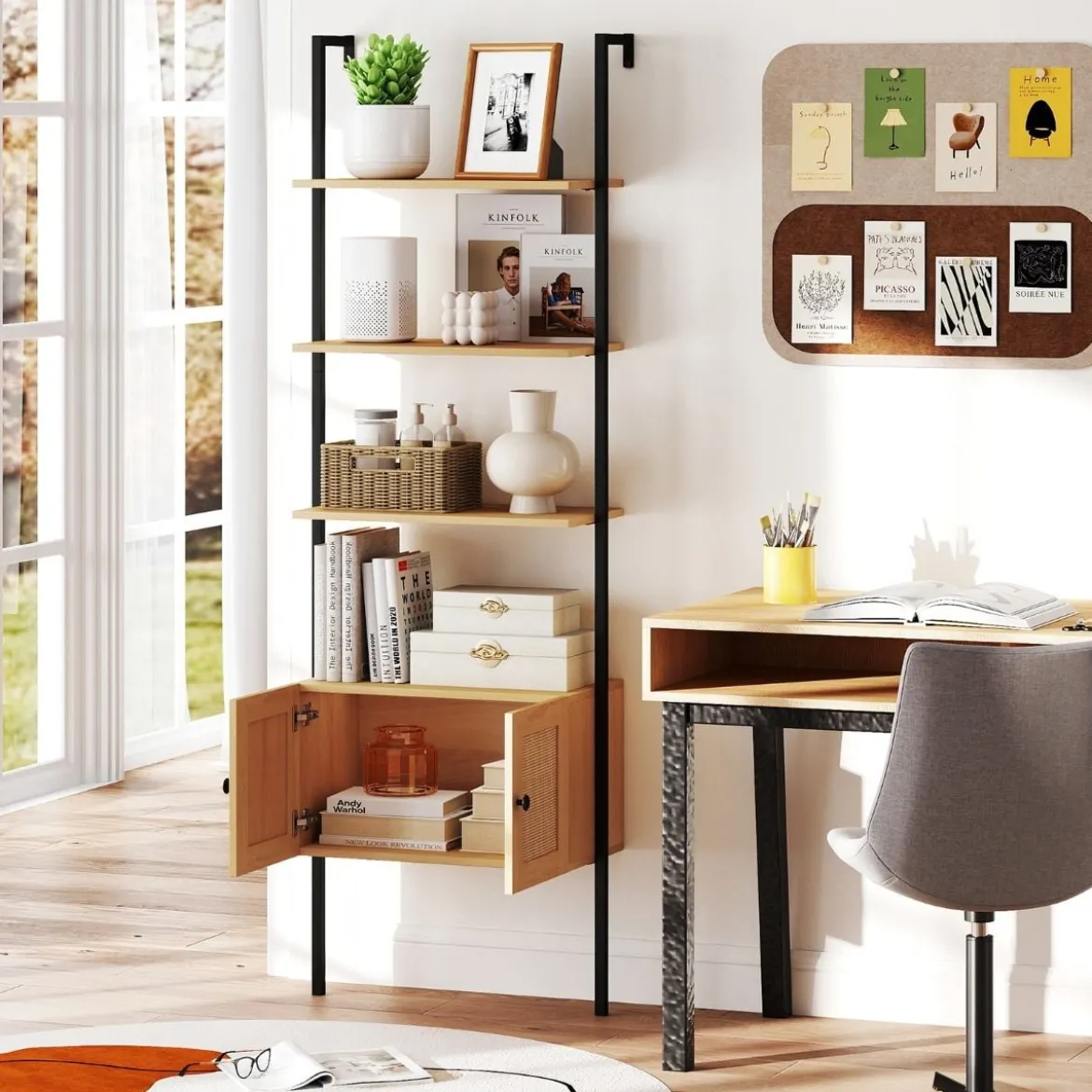 5-stöckiges Leiterregal Bücherregal Wandregal mit Schrank Kippschutz-Kits und Metallrahmen 60 x 31 x 184 cm Natur