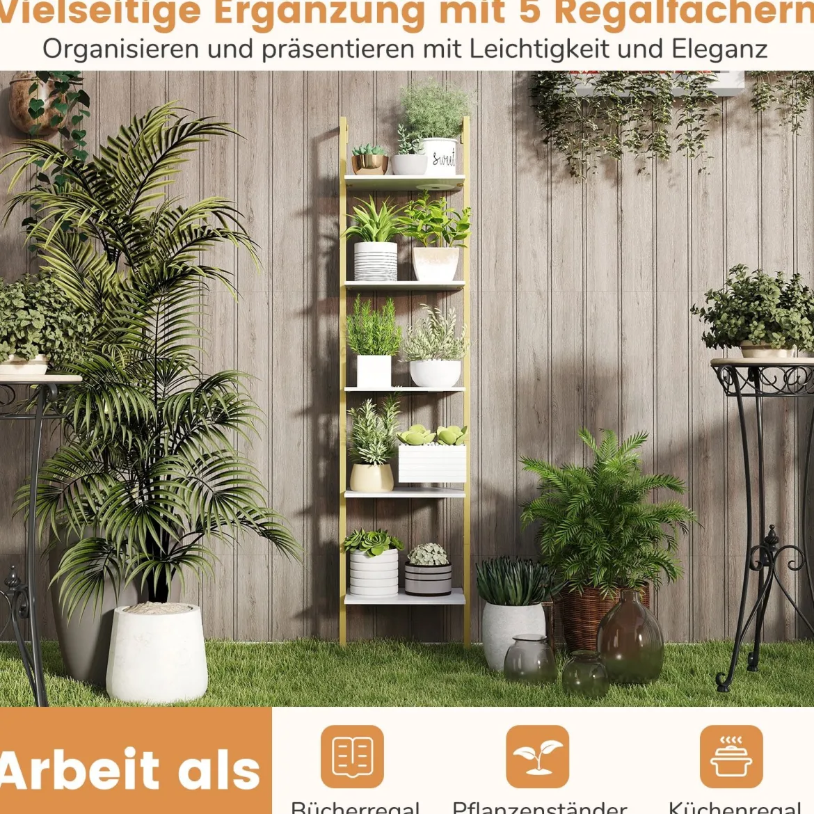 5-stöckiges Leiterregal Bücherregal zur Wandmontage mit Kippschutz und Metallrahmen