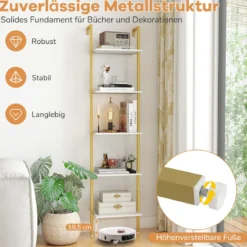 5-stöckiges Leiterregal Bücherregal zur Wandmontage mit Kippschutz und Metallrahmen