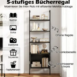5-stöckiges Leiterregal Bücherregal Wandregal mit Schrank Kippschutz-Kits und Metallrahmen Schwarz 60 x 35 x 184 cm