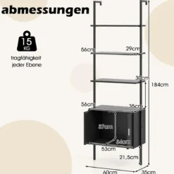 5-stöckiges Leiterregal Bücherregal Wandregal mit Schrank Kippschutz-Kits und Metallrahmen Schwarz 60 x 35 x 184 cm