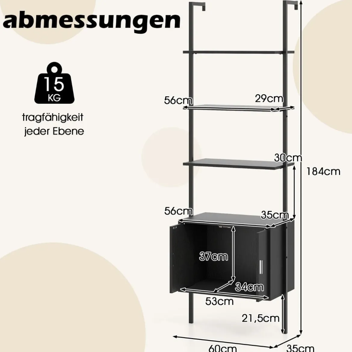 5-stöckiges Leiterregal Bücherregal Wandregal mit Schrank Kippschutz-Kits und Metallrahmen Schwarz 60 x 35 x 184 cm