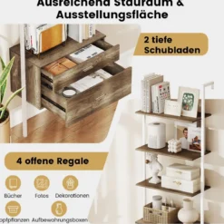 6-stöckiges Leiterregal mit 2 Schubladen Wandmontiertes Bücherregal mit Metallrahmen