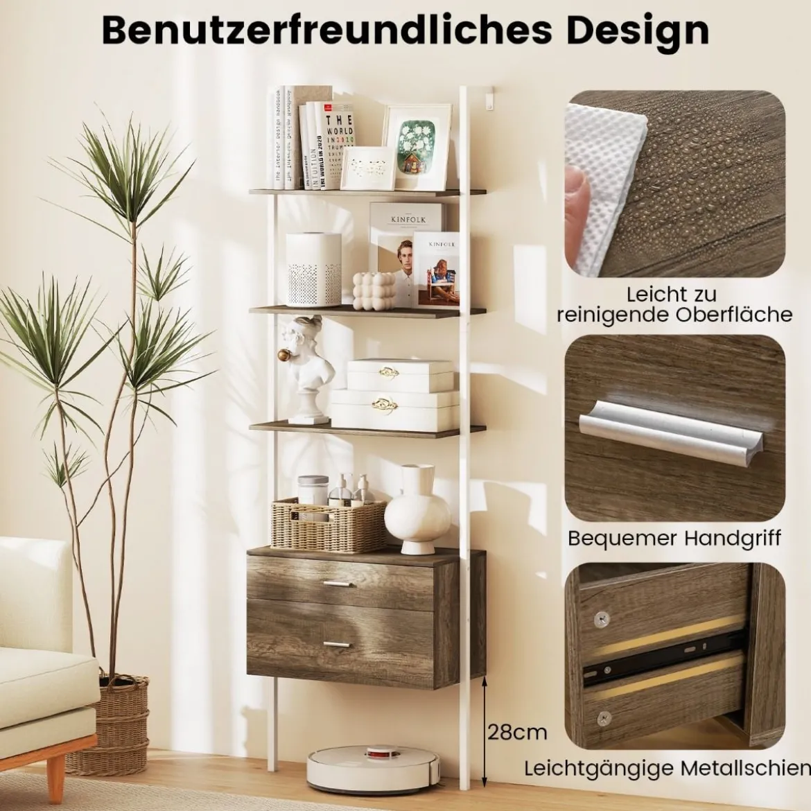 6-stöckiges Leiterregal mit 2 Schubladen Wandmontiertes Bücherregal mit Metallrahmen