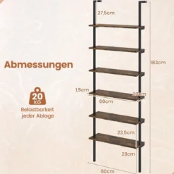 6-stöckiges Leiterregal wandmontiertes Bücherregal mit Metallrahmen Rustikales Braun/Graueiche