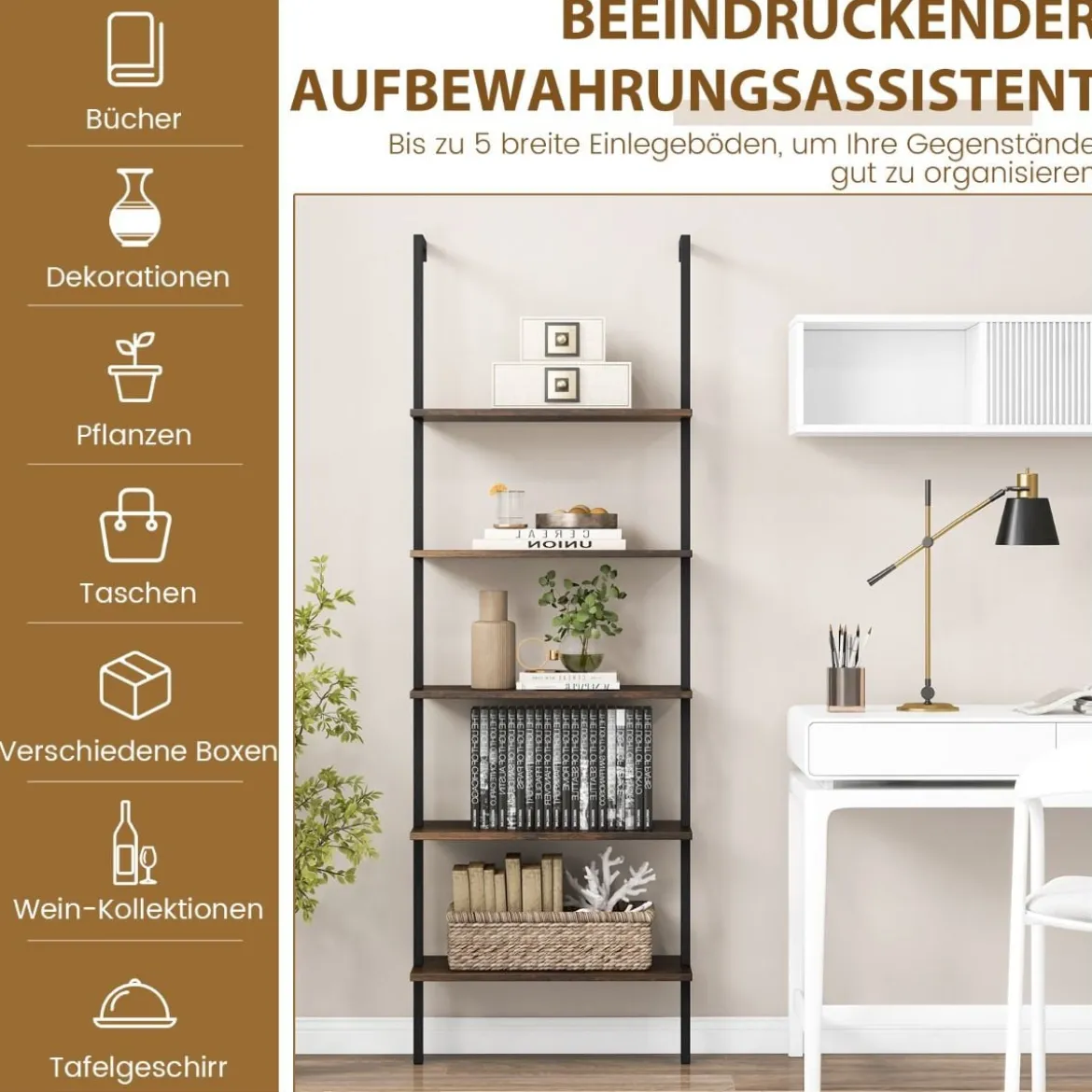 5-Stöckiges Leiterregal Wandregal mit Stahlrahmen 60 x 30 x 180 cm Rustikalbraun