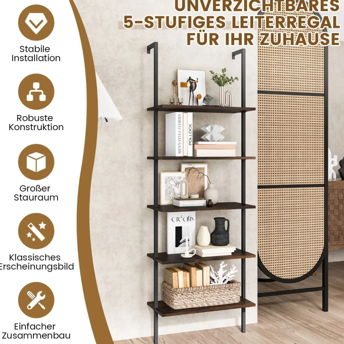 5-Stöckiges Leiterregal Wandregal mit Stahlrahmen 60 x 30 x 180 cm Rustikalbraun