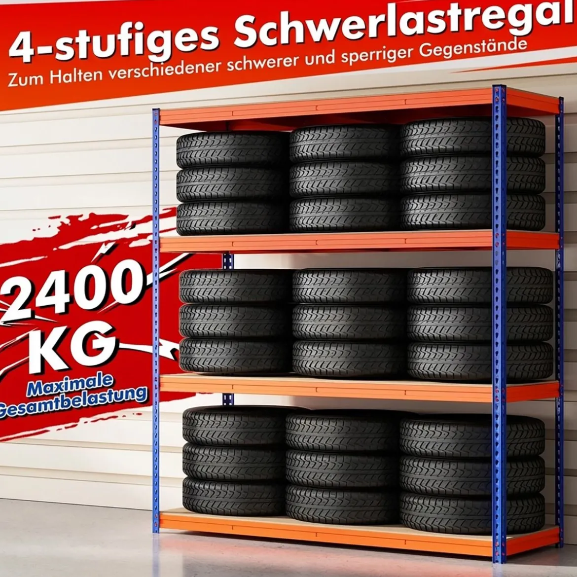 4-stöckiges Metallregal mit Verstellbaren Regalbrettern Schwerlastregal Belastbar bis 2400 kg