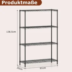 4-stöckiges Metall Standregal mit 4 Haken & Verstellbaren Ablagen Schwerlastregal 91 x 35 x 138,5 cm