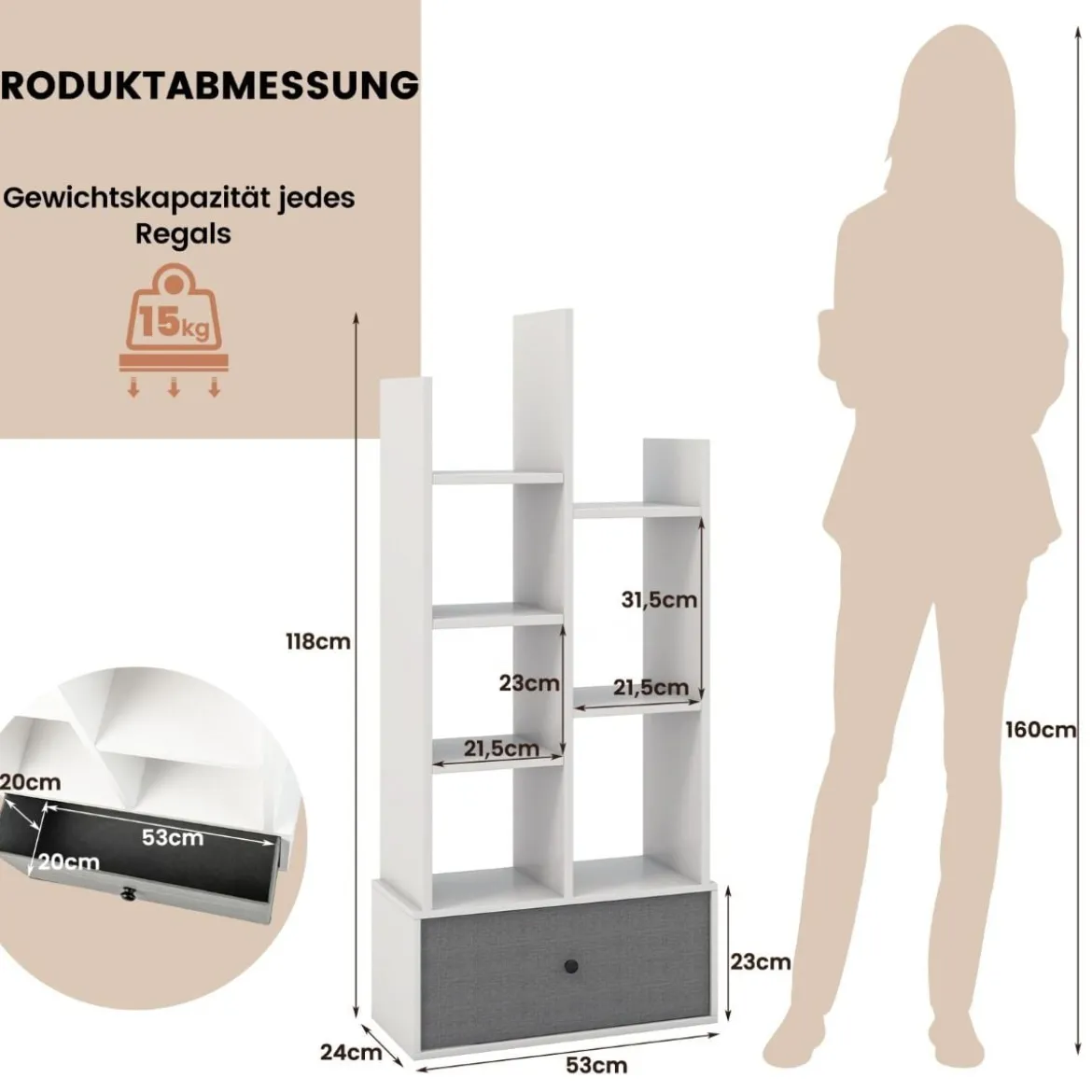 7-Stöckiges Offenes Bücherregal mit Schublade 53 x 24 x 118 cm Weiß