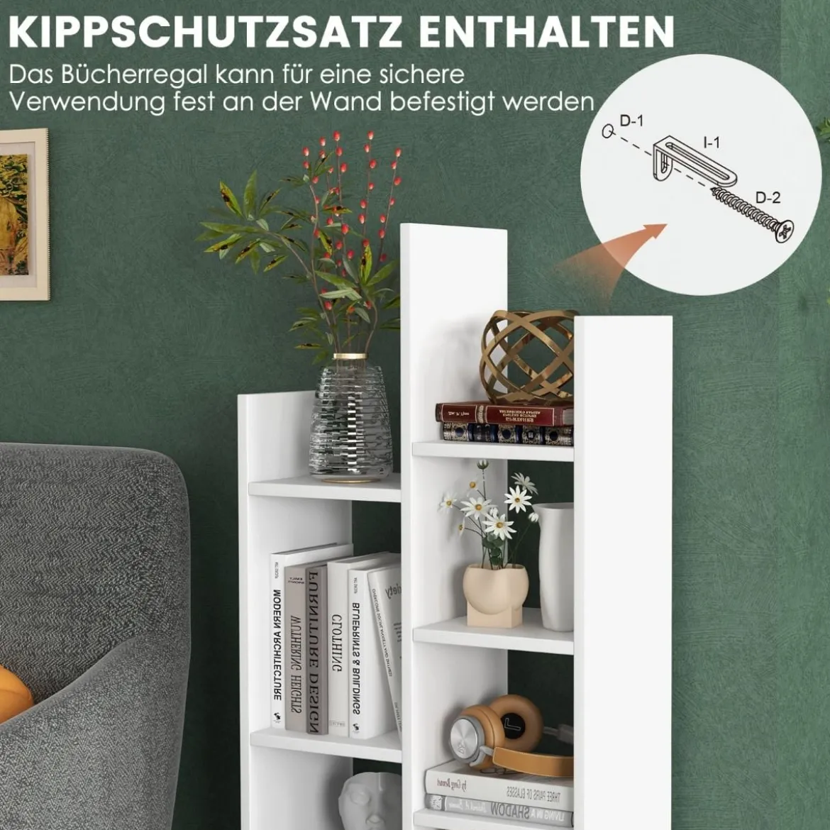 7-Stöckiges Offenes Bücherregal mit Schublade 53 x 24 x 118 cm Weiß