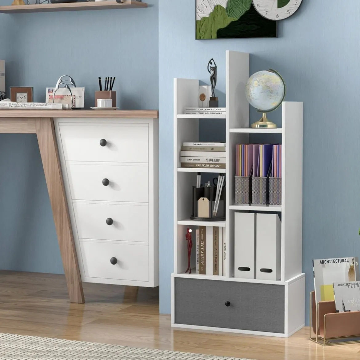 7-Stöckiges Offenes Bücherregal mit Schublade 53 x 24 x 118 cm Weiß
