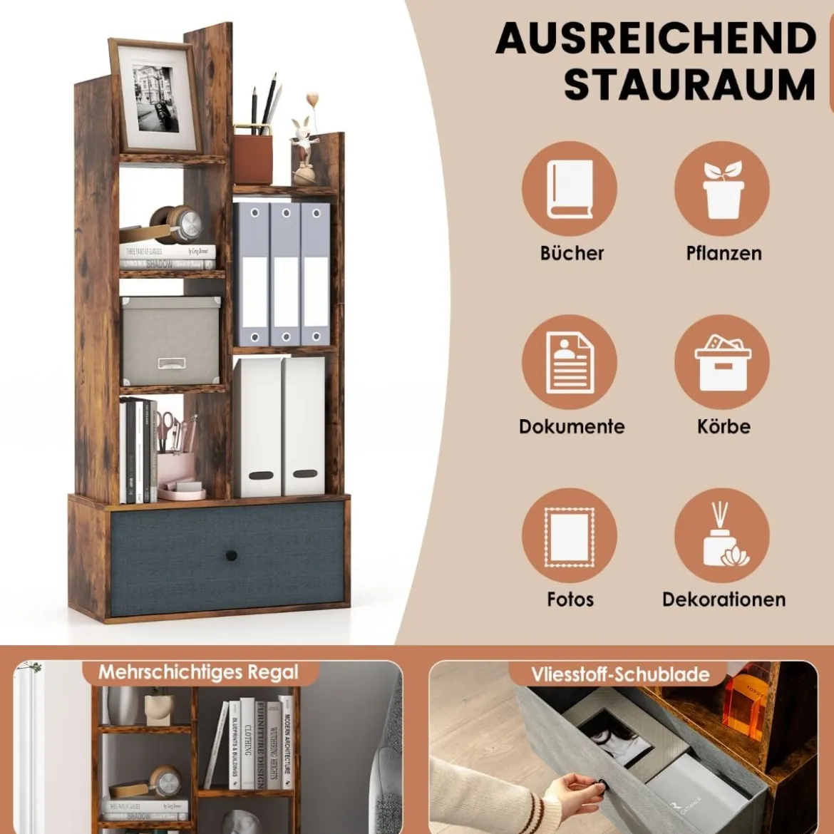7-Stöckiges Offenes Bücherregal mit Schublade 53 x 24 x 118 cm Braun