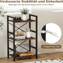 3-stöckiges Regal Standregal mit Metallrahmen & Anti-Kipp-Sets industrielles Aufbewahrungsregal Rustikales Braun/Grau