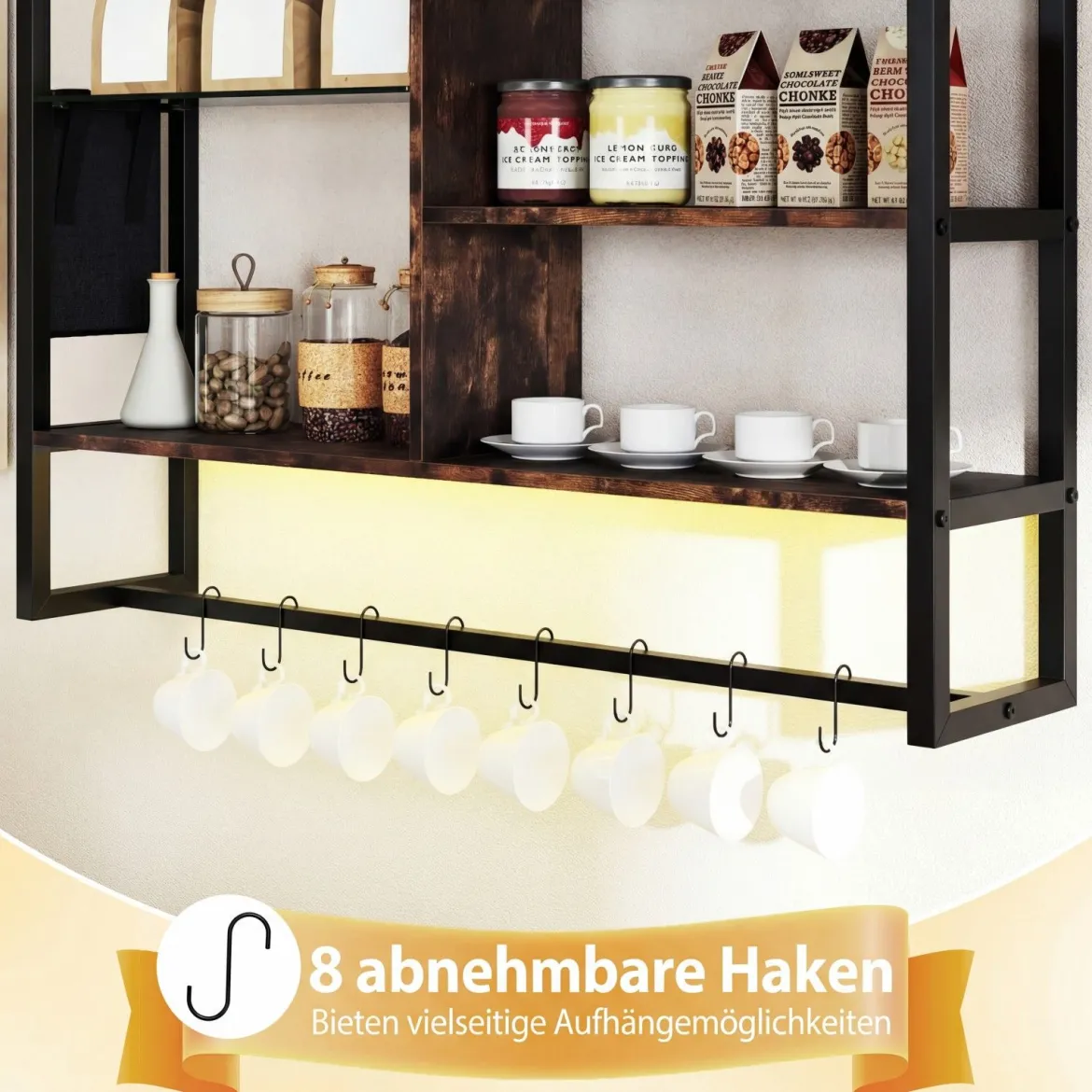 6-stöckiges schwebende Wandregal Hängeregal mit 8 S-Haken & Seitentasche mit RGB-LED 107 x 24 x 96 cm Rustikales Braun
