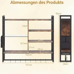 6-stöckiges schwebende Wandregal Hängeregal mit 8 S-Haken & Seitentasche 107 x 24 x 96 cm (Ohne Licht)