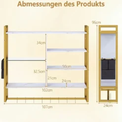 6-stöckiges schwebende Wandregal Hängeregal mit 8 S-Haken & Seitentasche 107 x 24 x 96 cm Weiß (Ohne Licht)
